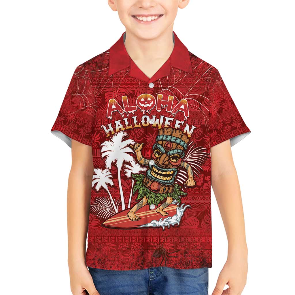 Personalised Aloha Halloween Family Matching Off Shoulder Maxi Dress and Hawaiian Shirt Skeleton Surfing LT05 Son's Shirt Red - Polynesian Pride