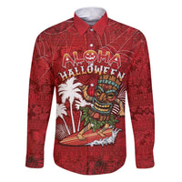 Personalised Aloha Halloween Family Matching Puletasi and Hawaiian Shirt Skeleton Surfing LT05 Dad's Shirt - Long Sleeve Red - Polynesian Pride