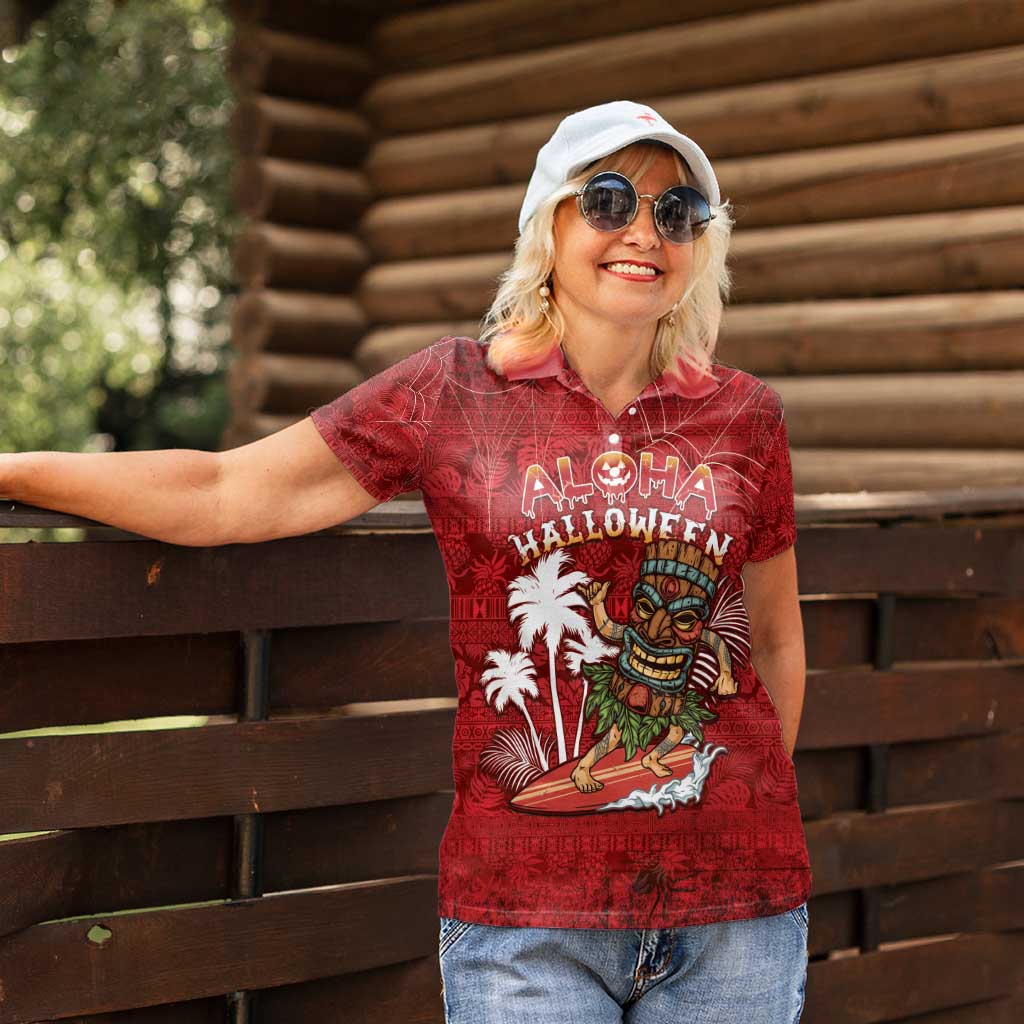Personalised Aloha Halloween Women Polo Shirt Skeleton Surfing