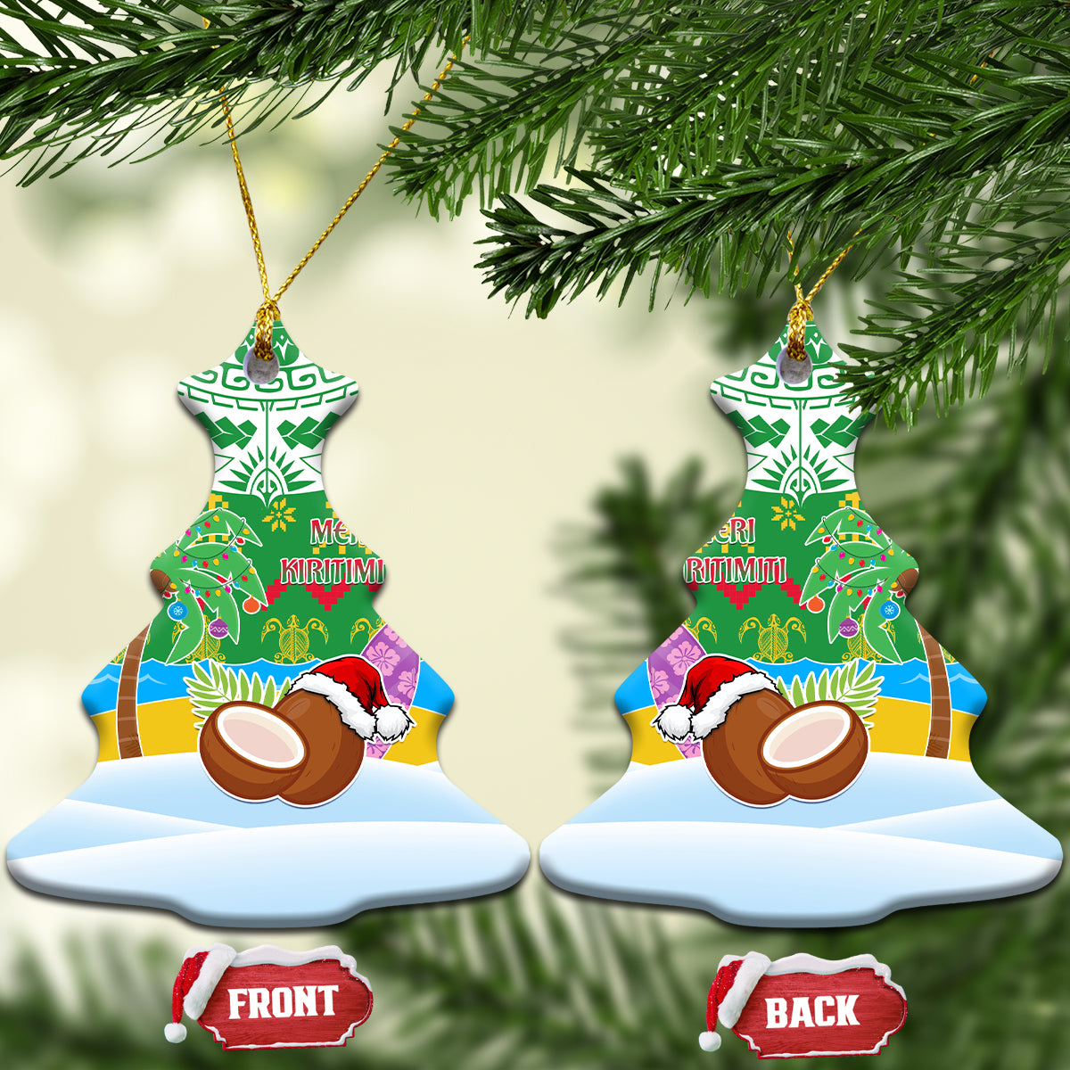 Personalised Cook Islands Christmas Ceramic Ornament Coconut Santa Beach Style LT05 Christmas Tree Green - Polynesian Pride
