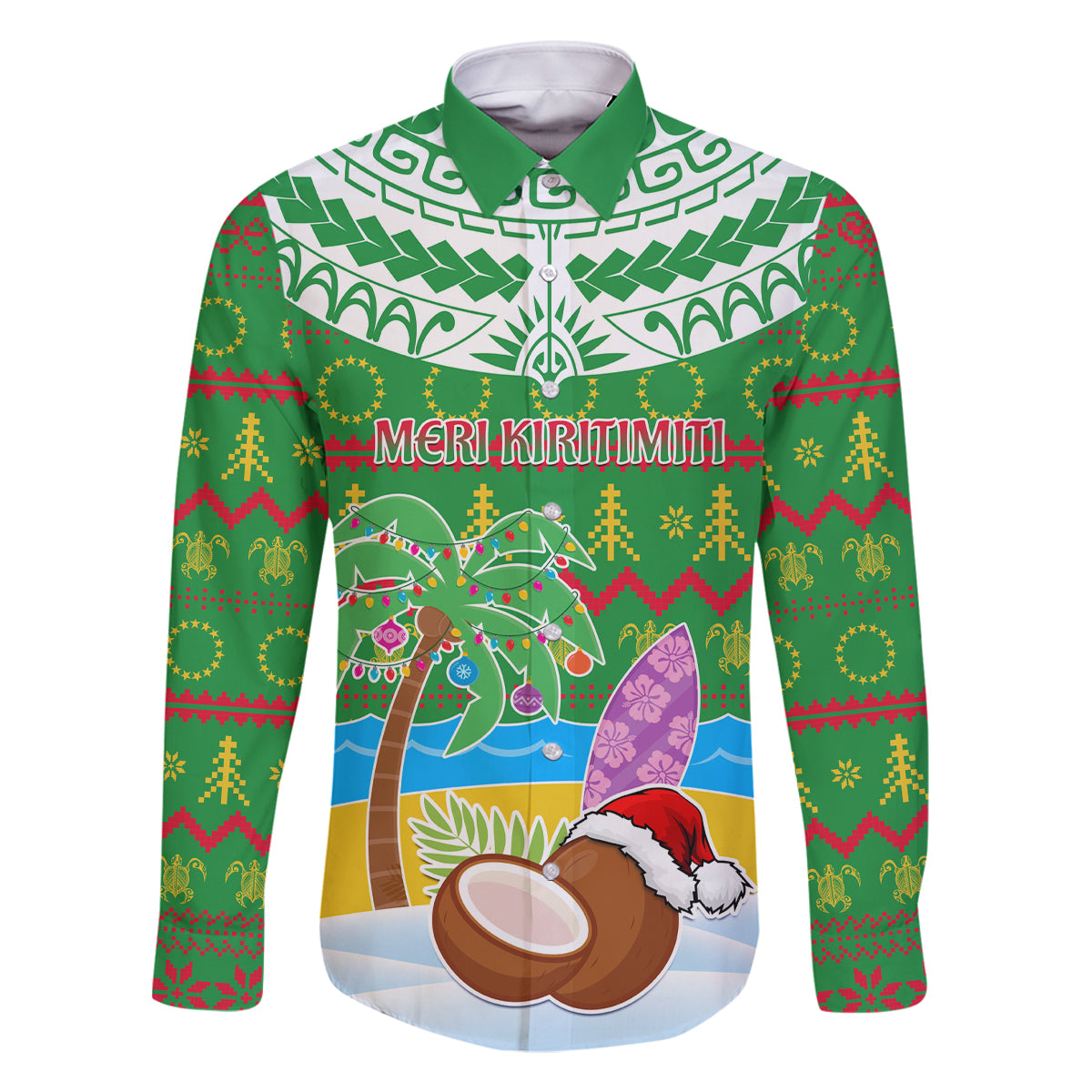 Personalised Cook Islands Christmas Family Matching Off Shoulder Short Dress and Hawaiian Shirt Coconut Santa Beach Style LT05 Dad's Shirt - Long Sleeve Green - Polynesian Pride