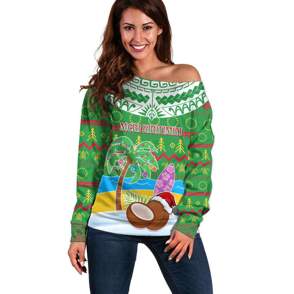 Personalised Cook Islands Christmas Off Shoulder Sweater Coconut Santa Beach Style LT05 Women Green - Polynesian Pride