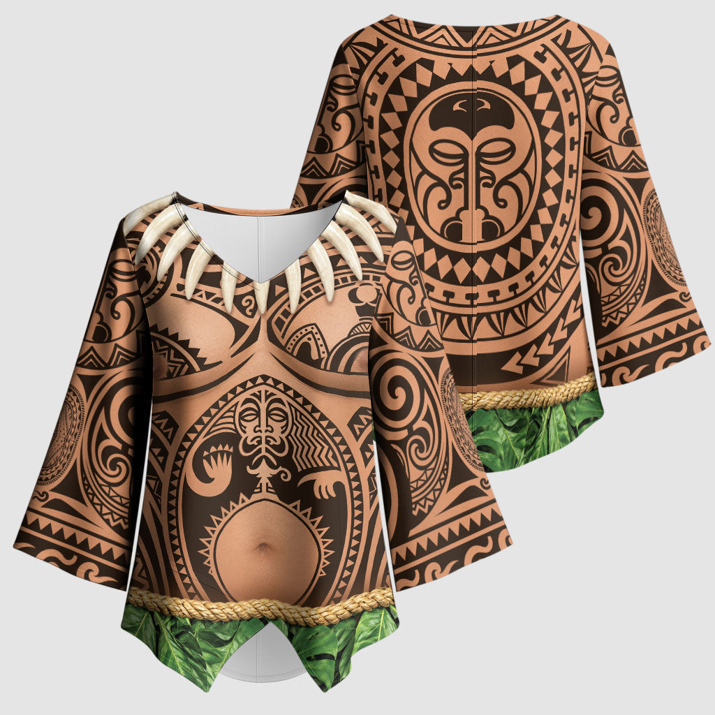 Hawaii Warrior Tattoo Inspired Kimono Sleeve Blouse Tropical Leaf Skirt Costume LT05 - Polynesian Pride