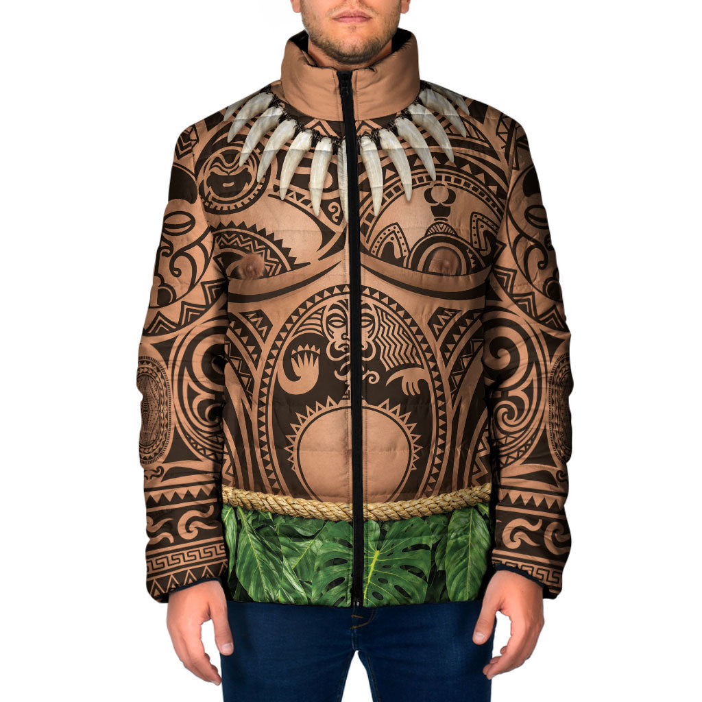 Hawaii Warrior Tattoo Inspired Padded Jacket Tropical Leaf Skirt Costume LT05 Men Beige - Polynesian Pride