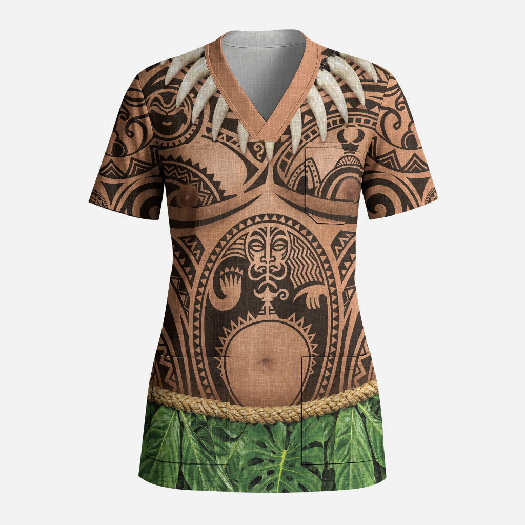 Hawaii Warrior Tattoo Inspired Scrub Top Tropical Leaf Skirt Costume LT05 Adult Beige - Polynesian Pride