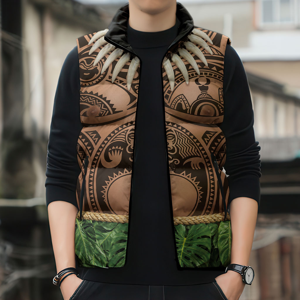 Hawaii Warrior Tattoo Inspired Sleeveless Puffer Jacket Tropical Leaf Skirt Costume LT05 - Polynesian Pride