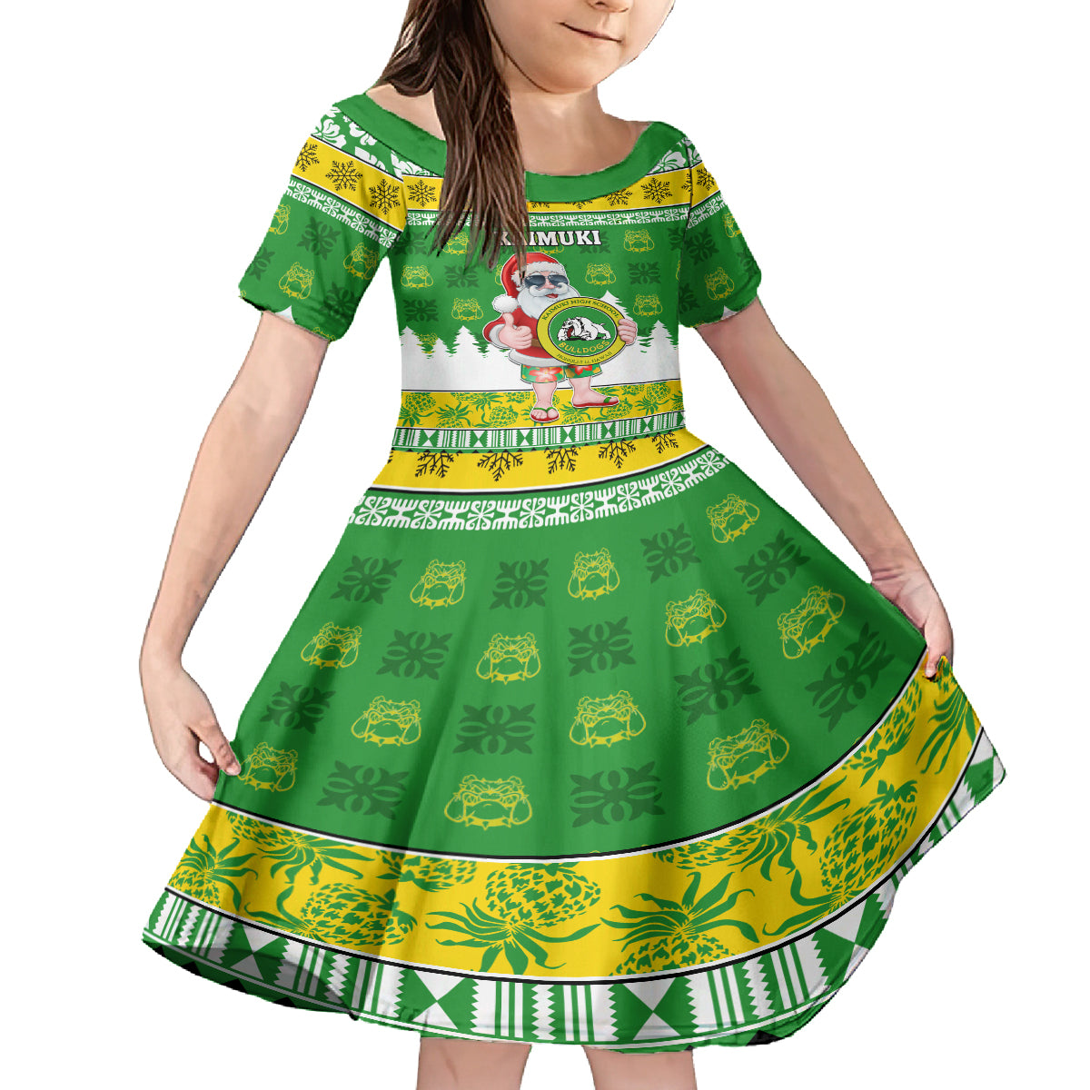 Custom Hawaii Kaimuki High School Christmas Family Matching Tank Maxi Dress and Hawaiian Shirt Tropical Santa Claus LT05 Daughter's Dress Green - Polynesian Pride