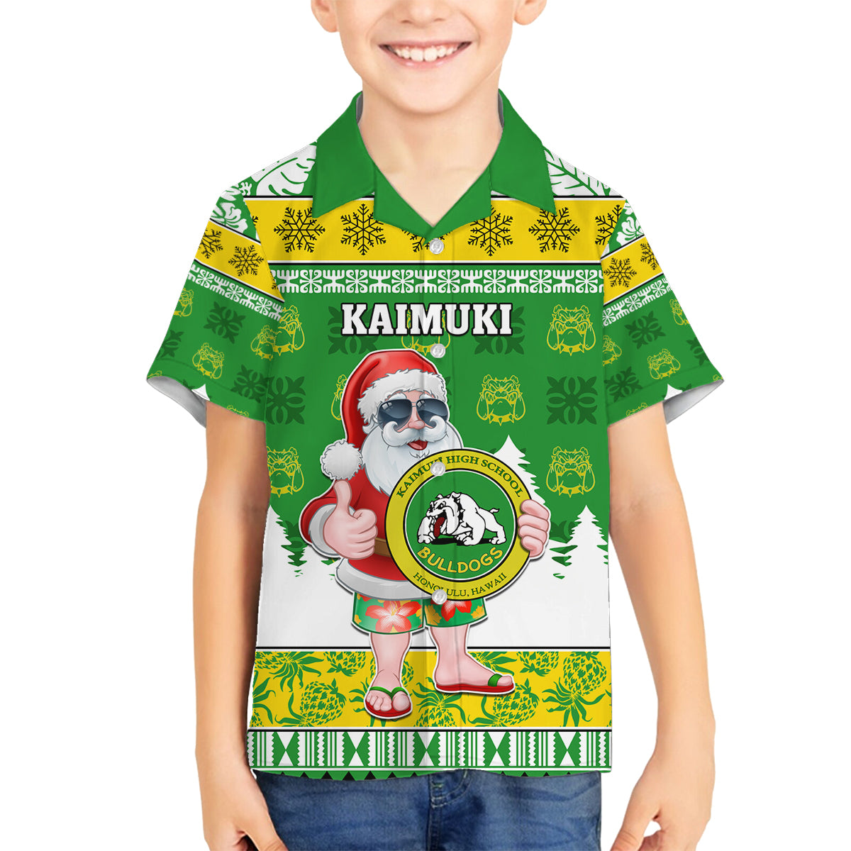 Custom Hawaii Kaimuki High School Christmas Family Matching Tank Maxi Dress and Hawaiian Shirt Tropical Santa Claus LT05 Son's Shirt Green - Polynesian Pride