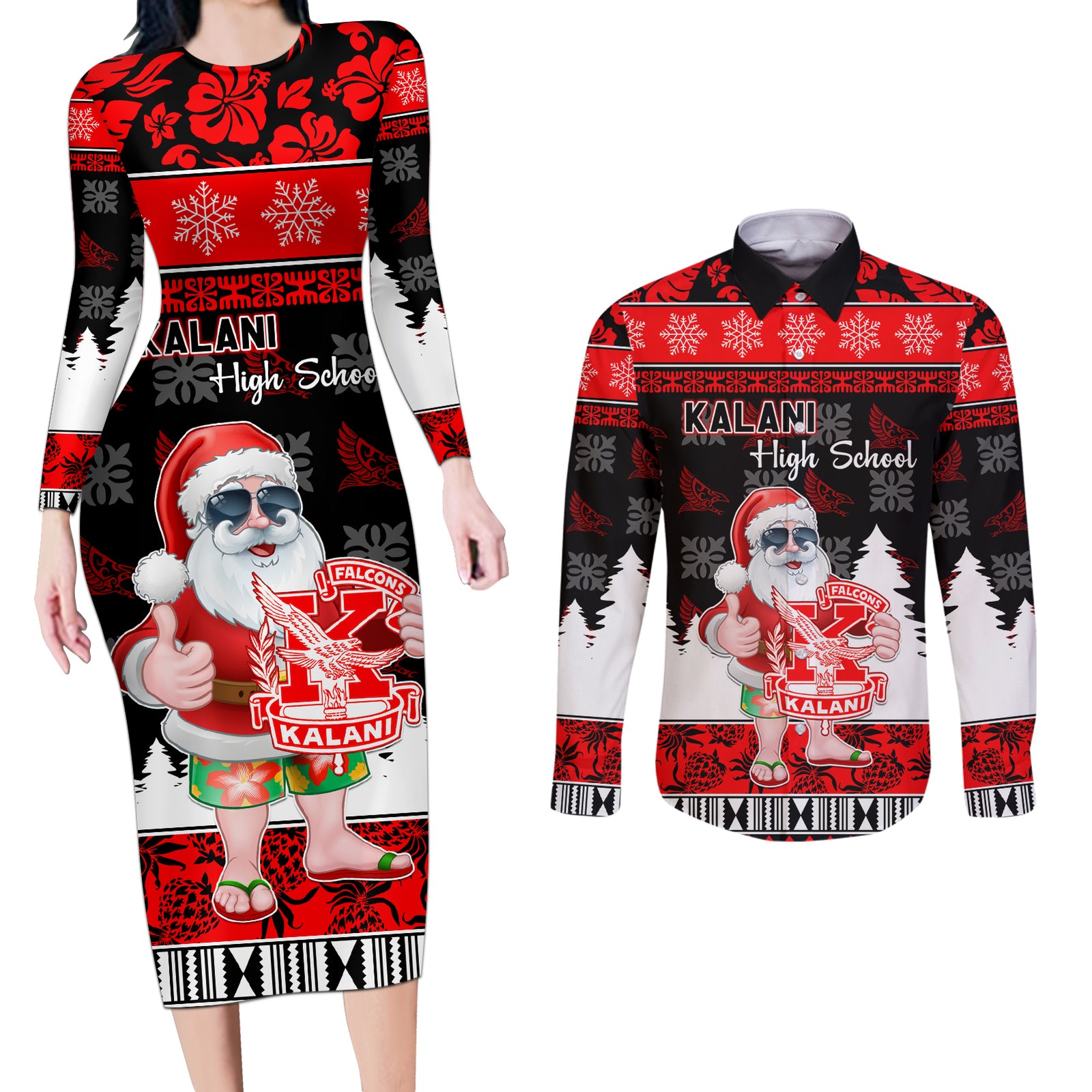 Custom Hawaii Kalani High School Christmas Couples Matching Long Sleeve Bodycon Dress and Long Sleeve Button Shirt Tropical Santa Claus LT05 Red - Polynesian Pride