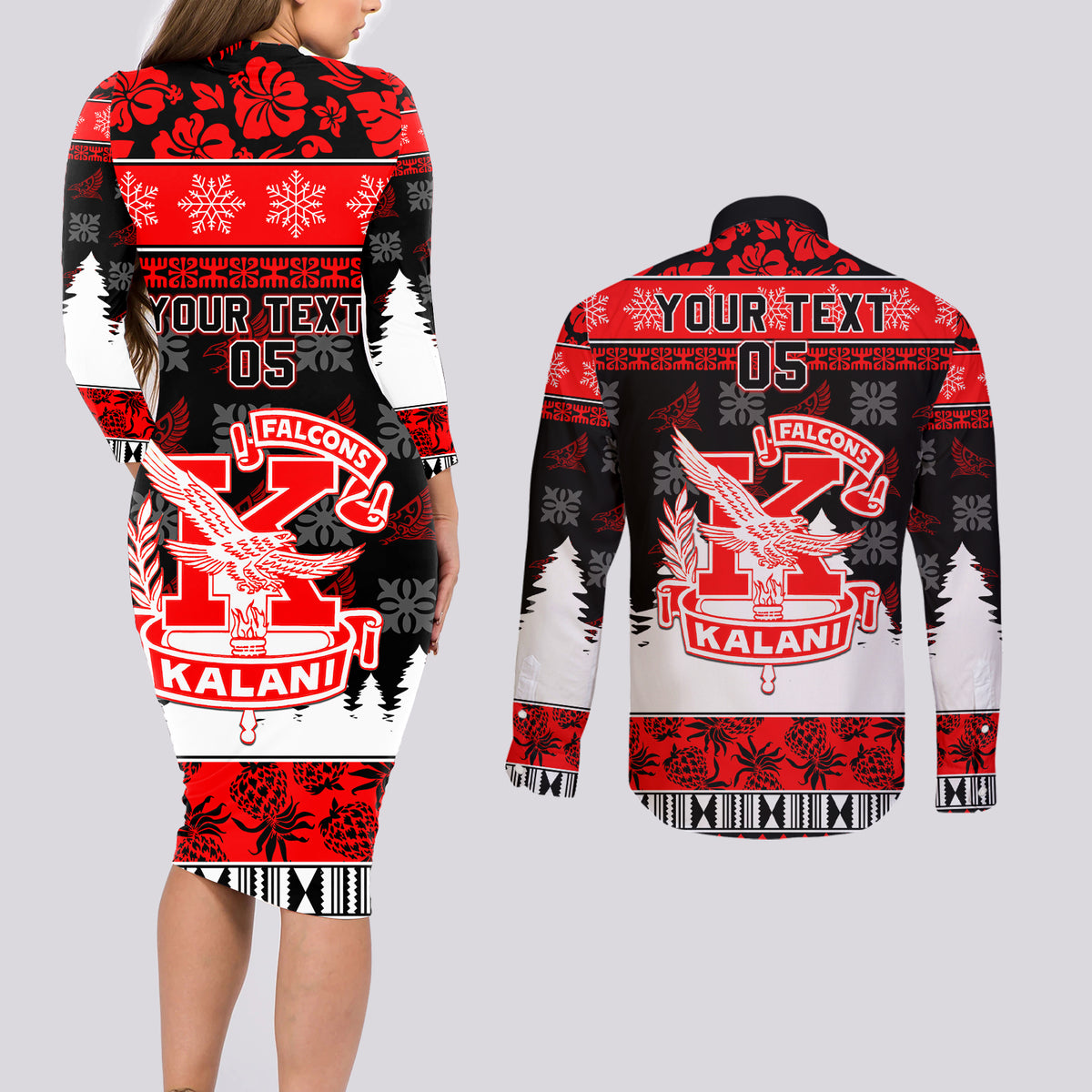 Custom Hawaii Kalani High School Christmas Couples Matching Long Sleeve Bodycon Dress and Long Sleeve Button Shirt Tropical Santa Claus LT05 - Polynesian Pride