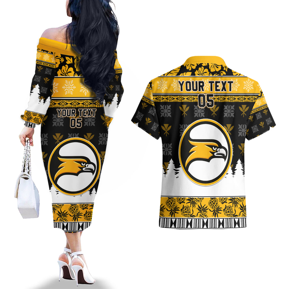 Custom Hawaii Nanakuli High and Intermediate School Christmas Couples Matching Off The Shoulder Long Sleeve Dress and Hawaiian Shirt Tropical Santa Claus LT05 - Polynesian Pride