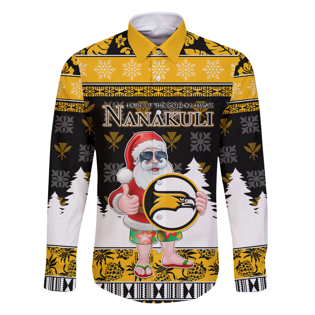 Custom Hawaii Nanakuli High and Intermediate School Christmas Family Matching Off Shoulder Short Dress and Hawaiian Shirt Tropical Santa Claus LT05 Dad's Shirt - Long Sleeve Yellow - Polynesian Pride