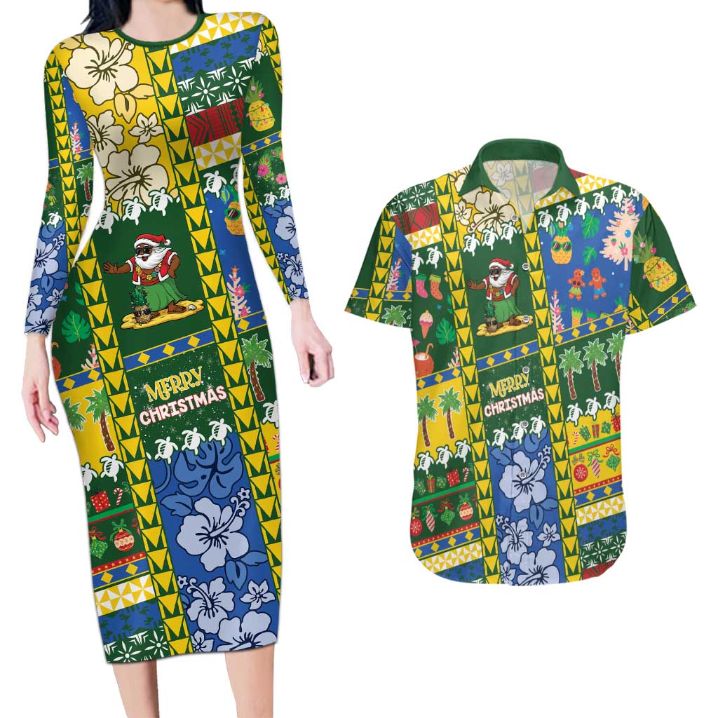 Solomon Islands Christmas Couples Matching Long Sleeve Bodycon Dress and Hawaiian Shirt Festive Beach Vibes LT05 Green - Polynesian Pride