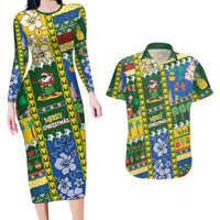Solomon Islands Christmas Couples Matching Long Sleeve Bodycon Dress and Hawaiian Shirt Festive Beach Vibes LT05 Green - Polynesian Pride