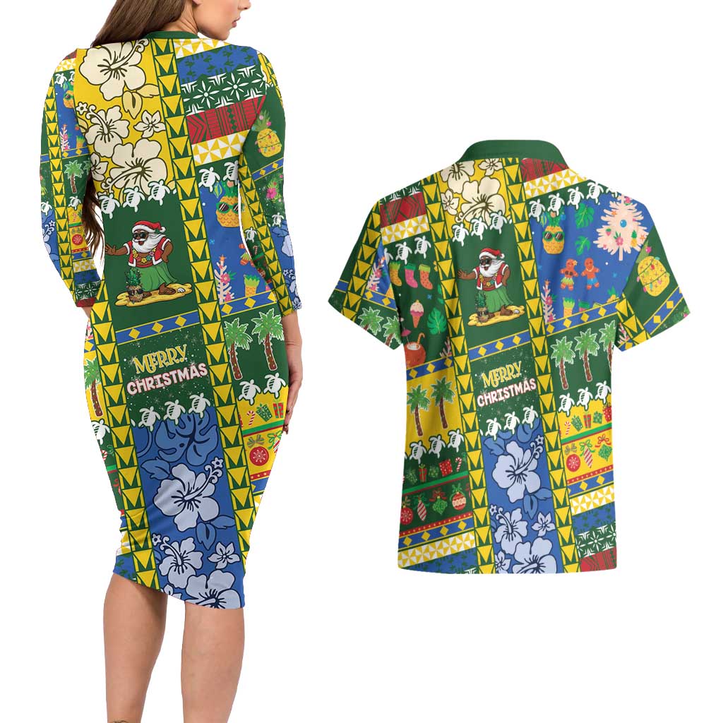 Solomon Islands Christmas Couples Matching Long Sleeve Bodycon Dress and Hawaiian Shirt Festive Beach Vibes LT05 - Polynesian Pride