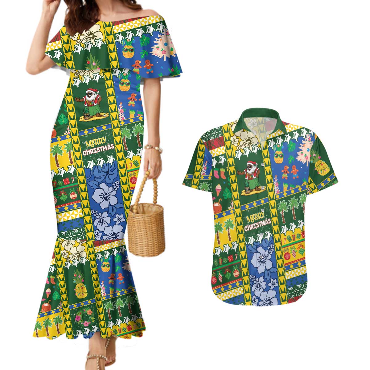 Solomon Islands Christmas Couples Matching Mermaid Dress and Hawaiian Shirt Festive Beach Vibes LT05 Green - Polynesian Pride