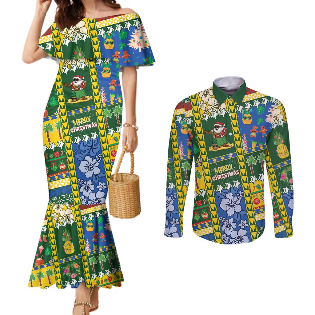 Solomon Islands Christmas Couples Matching Mermaid Dress and Long Sleeve Button Shirt Festive Beach Vibes - Polynesian Pride