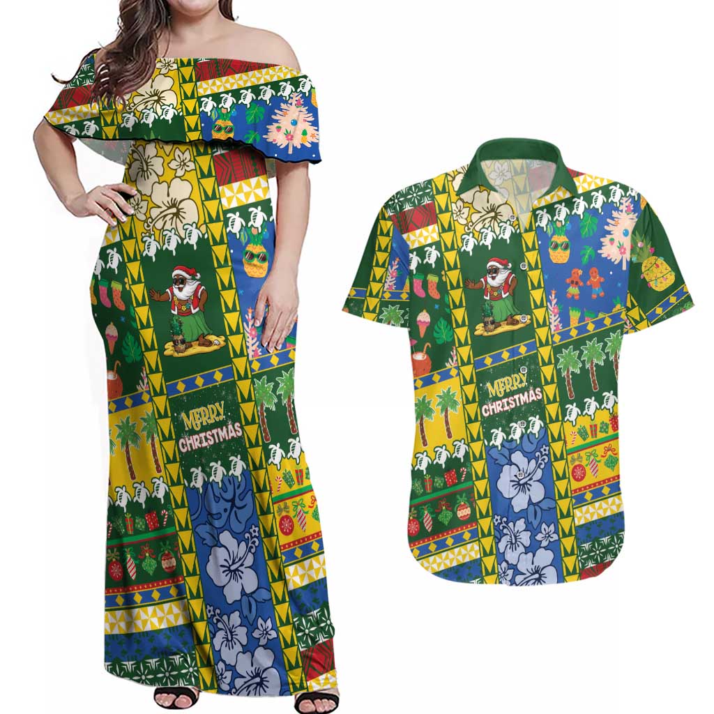 Solomon Islands Christmas Couples Matching Off Shoulder Maxi Dress and Hawaiian Shirt Festive Beach Vibes LT05 Green - Polynesian Pride