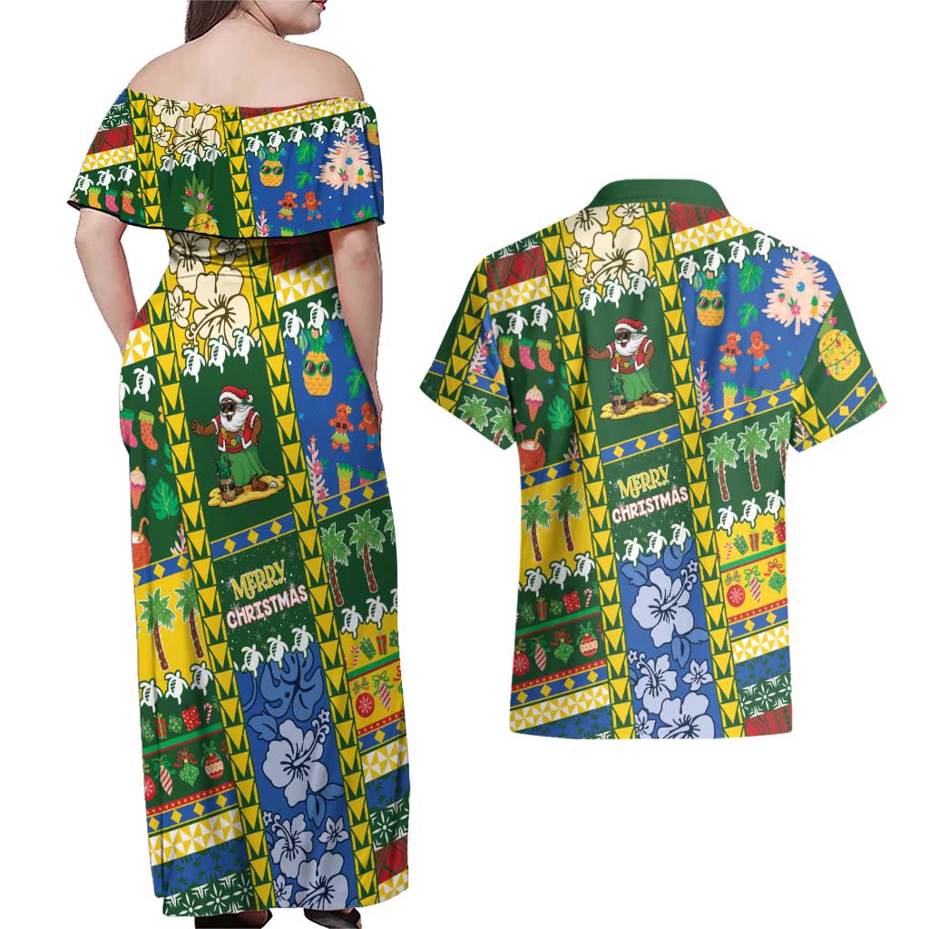 Solomon Islands Christmas Couples Matching Off Shoulder Maxi Dress and Hawaiian Shirt Festive Beach Vibes LT05 - Polynesian Pride