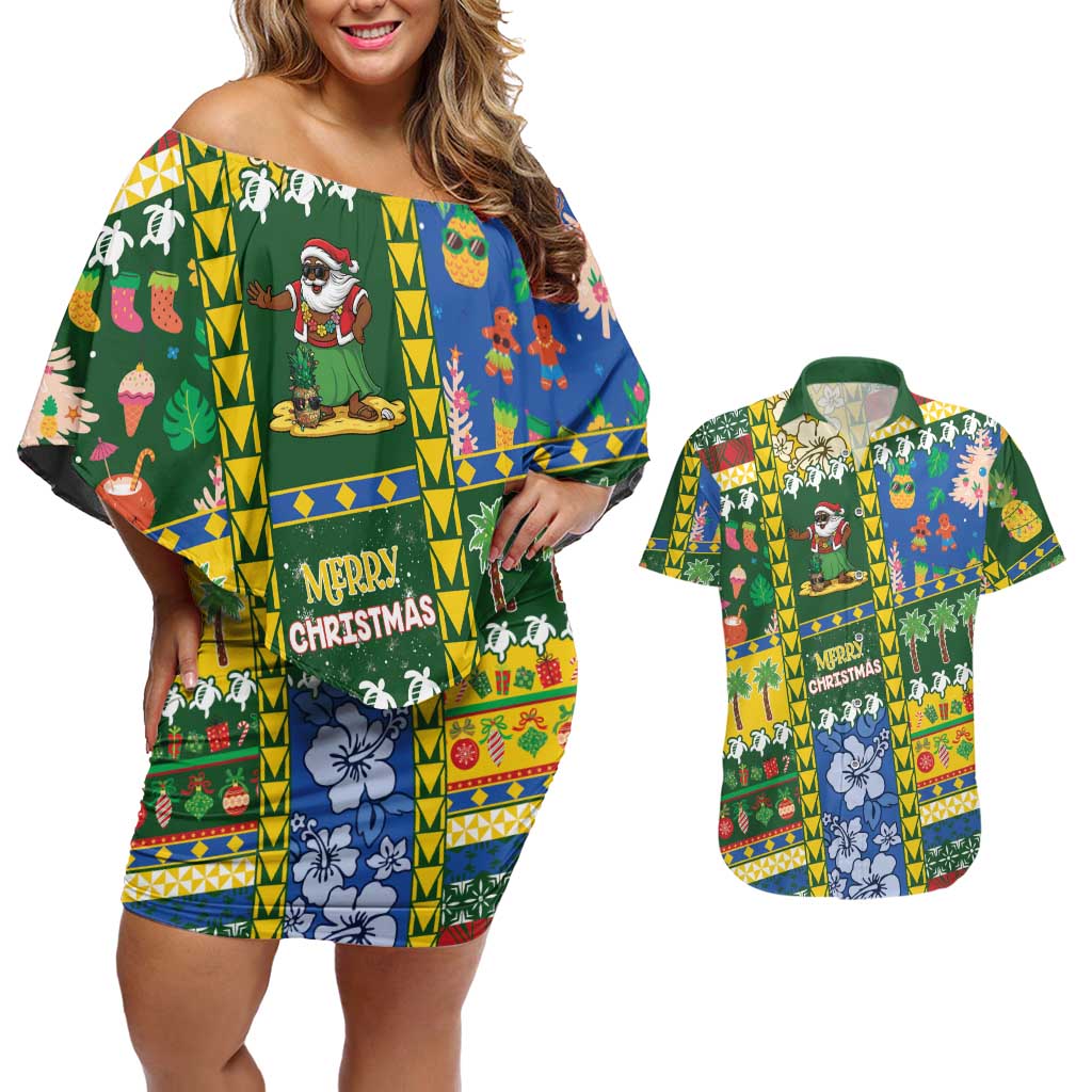 Solomon Islands Christmas Couples Matching Off Shoulder Short Dress and Hawaiian Shirt Festive Beach Vibes LT05 Green - Polynesian Pride