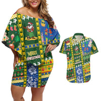 Solomon Islands Christmas Couples Matching Off Shoulder Short Dress and Hawaiian Shirt Festive Beach Vibes LT05 Green - Polynesian Pride