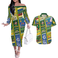 Solomon Islands Christmas Couples Matching Off The Shoulder Long Sleeve Dress and Hawaiian Shirt Festive Beach Vibes LT05 Green - Polynesian Pride