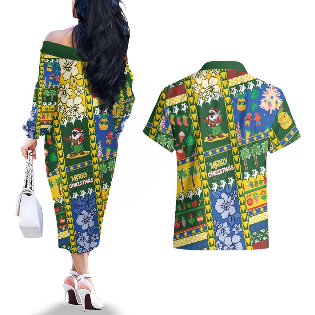 Solomon Islands Christmas Couples Matching Off The Shoulder Long Sleeve Dress and Hawaiian Shirt Festive Beach Vibes LT05 - Polynesian Pride