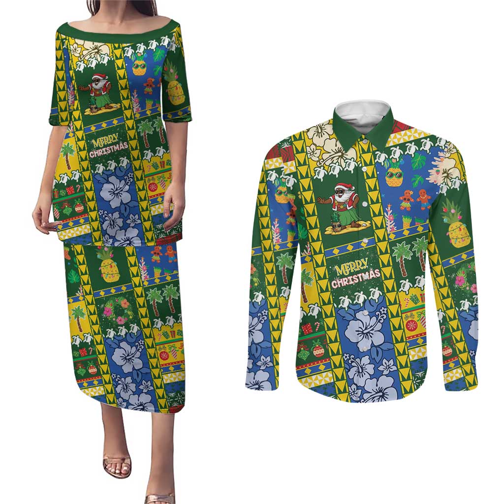 Solomon Islands Christmas Couples Matching Puletasi and Long Sleeve Button Shirt Festive Beach Vibes LT05 Green - Polynesian Pride