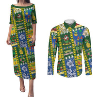 Solomon Islands Christmas Couples Matching Puletasi and Long Sleeve Button Shirt Festive Beach Vibes LT05 Green - Polynesian Pride