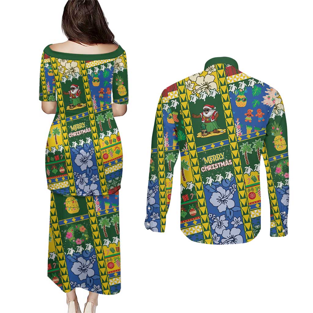 Solomon Islands Christmas Couples Matching Puletasi and Long Sleeve Button Shirt Festive Beach Vibes LT05 - Polynesian Pride