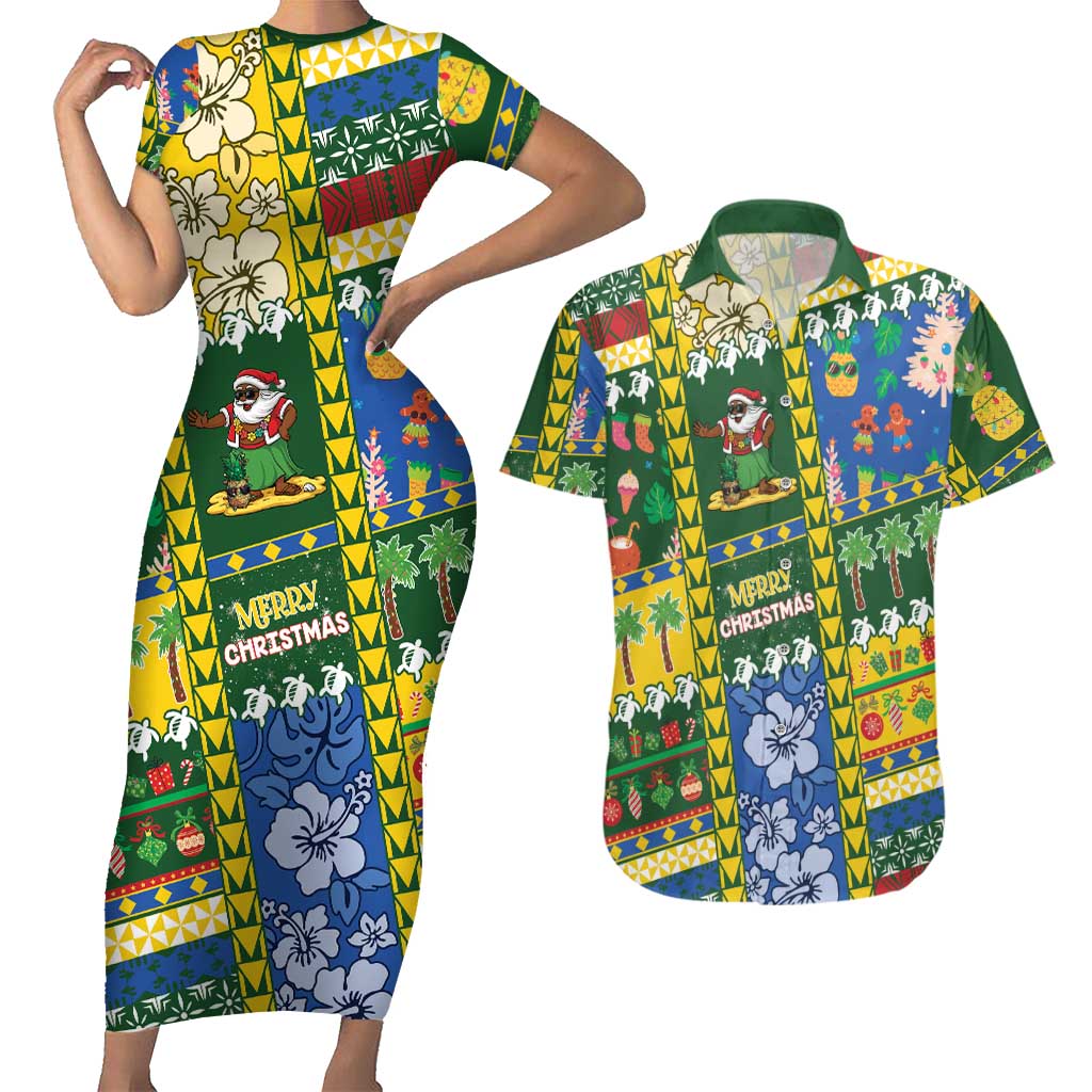 Solomon Islands Christmas Couples Matching Short Sleeve Bodycon Dress and Hawaiian Shirt Festive Beach Vibes LT05 Green - Polynesian Pride