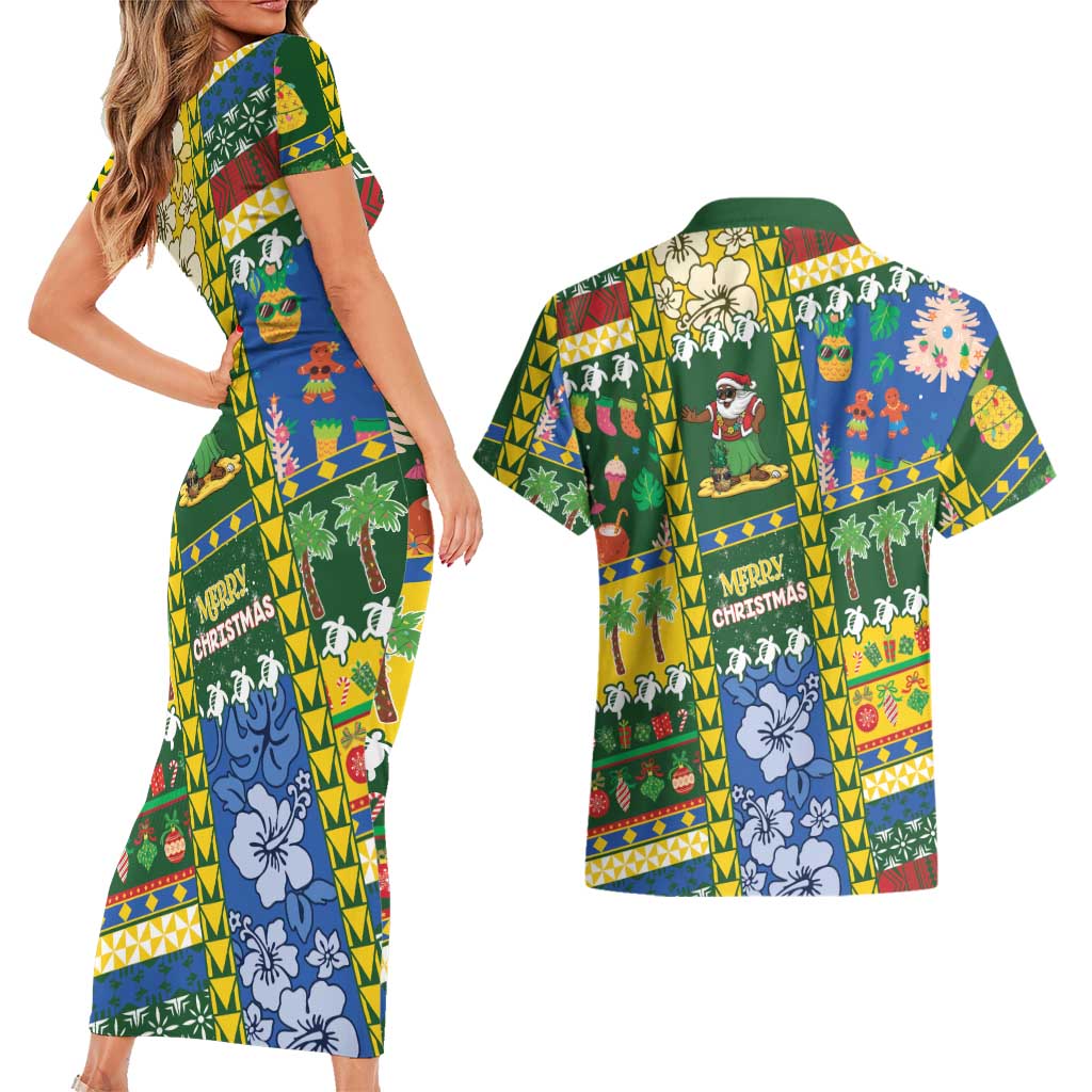 Solomon Islands Christmas Couples Matching Short Sleeve Bodycon Dress and Hawaiian Shirt Festive Beach Vibes LT05 - Polynesian Pride