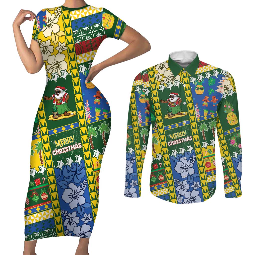 Solomon Islands Christmas Couples Matching Short Sleeve Bodycon Dress and Long Sleeve Button Shirt Festive Beach Vibes LT05 Green - Polynesian Pride