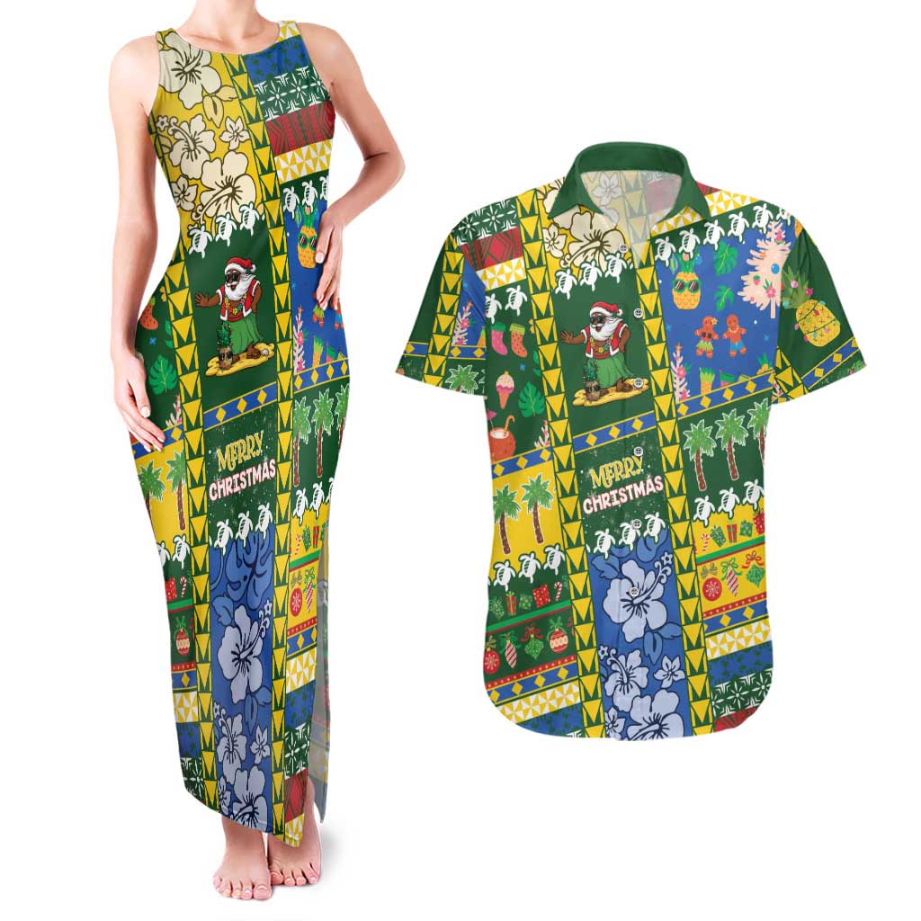 Solomon Islands Christmas Couples Matching Tank Maxi Dress and Hawaiian Shirt Festive Beach Vibes LT05 Green - Polynesian Pride