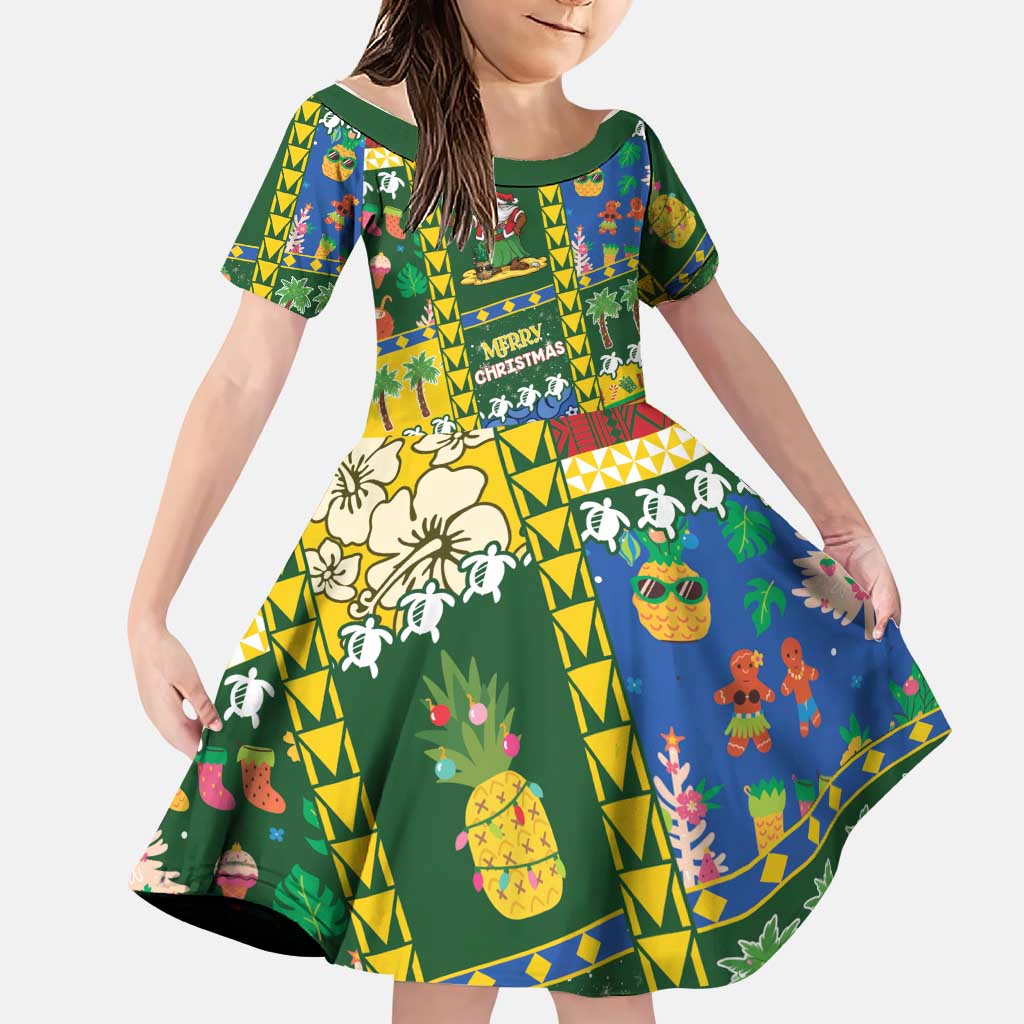 Solomon Islands Christmas Family Matching Long Sleeve Bodycon Dress and Hawaiian Shirt Festive Beach Vibes LT05 Daughter's Dress Green - Polynesian Pride