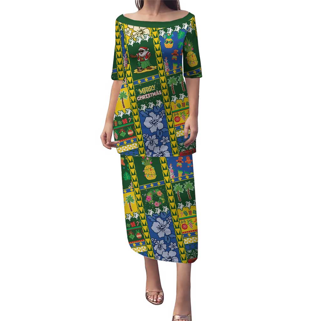 Solomon Islands Christmas Family Matching Puletasi and Hawaiian Shirt Festive Beach Vibes LT05 Mom's Dress Green - Polynesian Pride