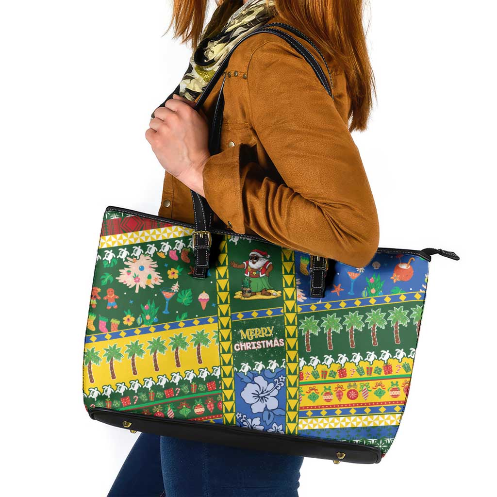 Solomon Islands Christmas Leather Tote Bag Festive Beach Vibes LT05 Green - Polynesian Pride
