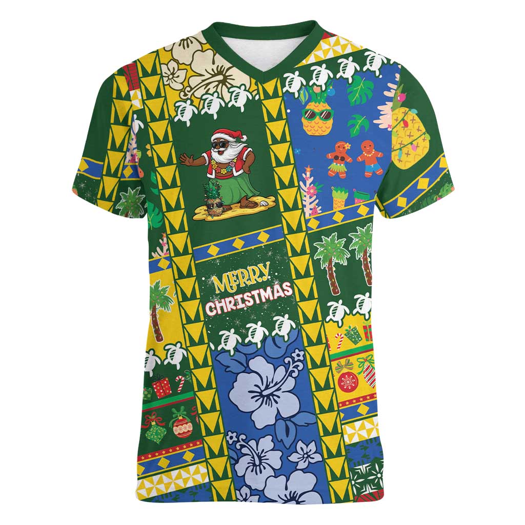 Solomon Islands Christmas Women V-Neck T-Shirt Festive Beach Vibes - Polynesian Pride