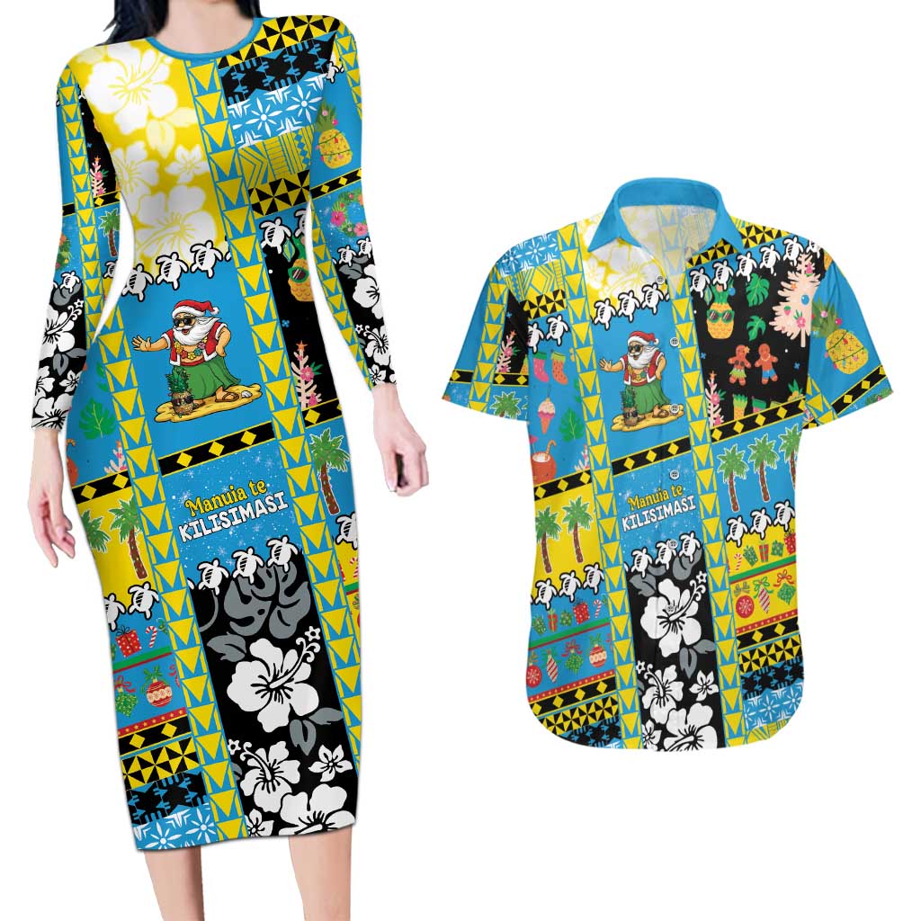 Tuvalu Christmas Couples Matching Long Sleeve Bodycon Dress and Hawaiian Shirt Festive Beach Vibes LT05 Blue - Polynesian Pride