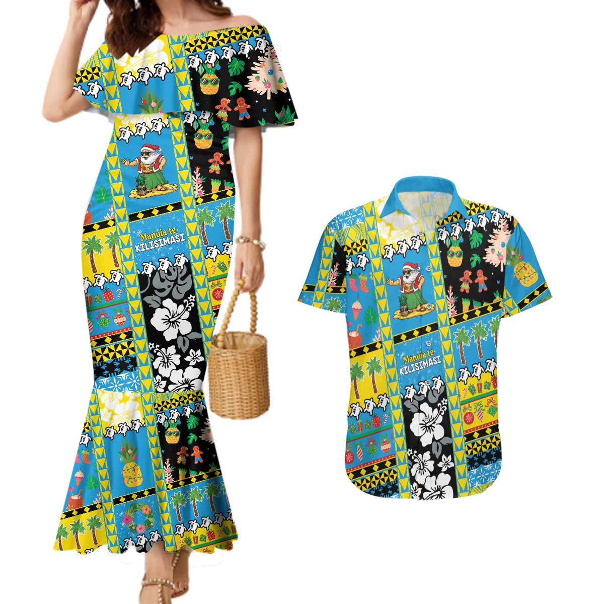 Tuvalu Christmas Couples Matching Mermaid Dress and Hawaiian Shirt Festive Beach Vibes LT05 Blue - Polynesian Pride