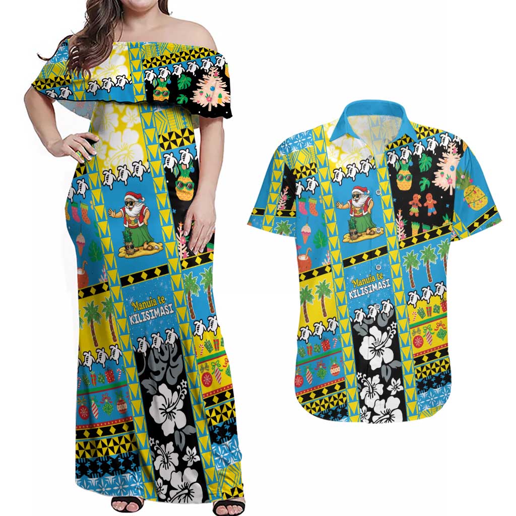 Tuvalu Christmas Couples Matching Off Shoulder Maxi Dress and Hawaiian Shirt Festive Beach Vibes - Polynesian Pride