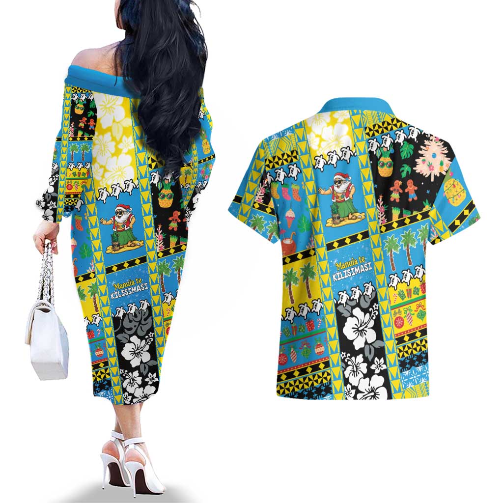 Tuvalu Christmas Couples Matching Off The Shoulder Long Sleeve Dress and Hawaiian Shirt Festive Beach Vibes LT05 - Polynesian Pride