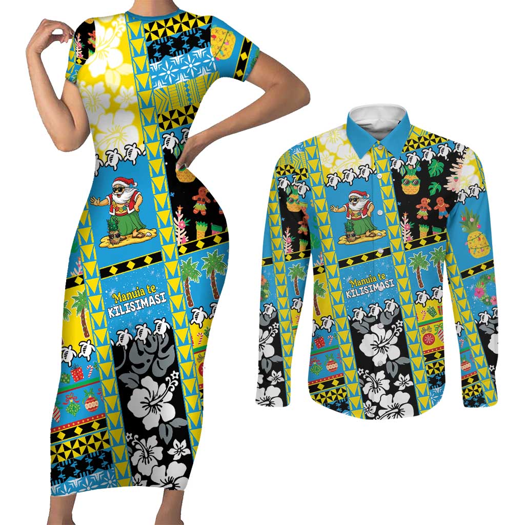 Tuvalu Christmas Couples Matching Short Sleeve Bodycon Dress and Long Sleeve Button Shirt Festive Beach Vibes - Polynesian Pride