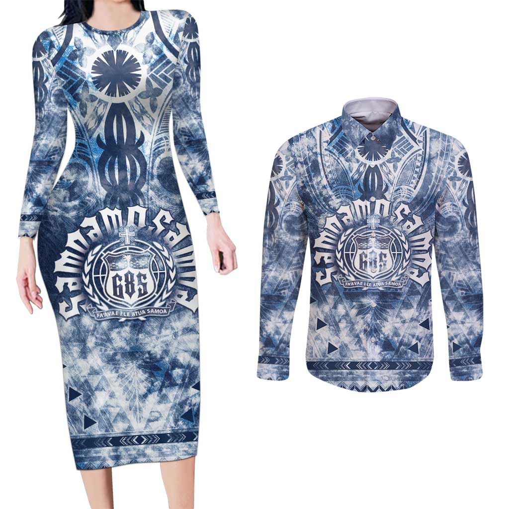 Samoa 685 Couples Matching Long Sleeve Bodycon Dress and Long Sleeve Button Shirt Polynesian Pattern Tie Dye Style LT05 Blue - Polynesian Pride