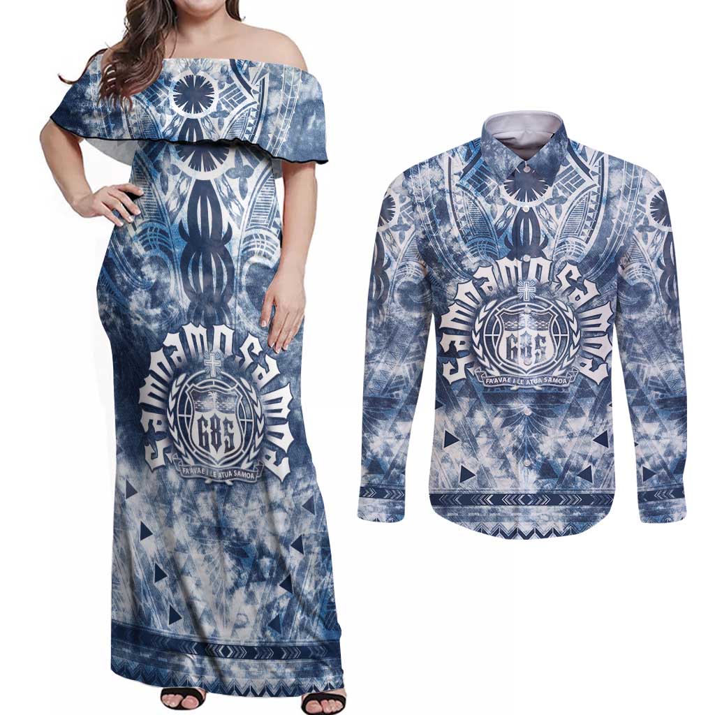 Samoa 685 Couples Matching Off Shoulder Maxi Dress and Long Sleeve Button Shirt Polynesian Pattern Tie Dye Style LT05 Blue - Polynesian Pride