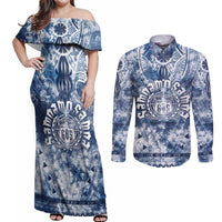Samoa 685 Couples Matching Off Shoulder Maxi Dress and Long Sleeve Button Shirt Polynesian Pattern Tie Dye Style LT05 Blue - Polynesian Pride