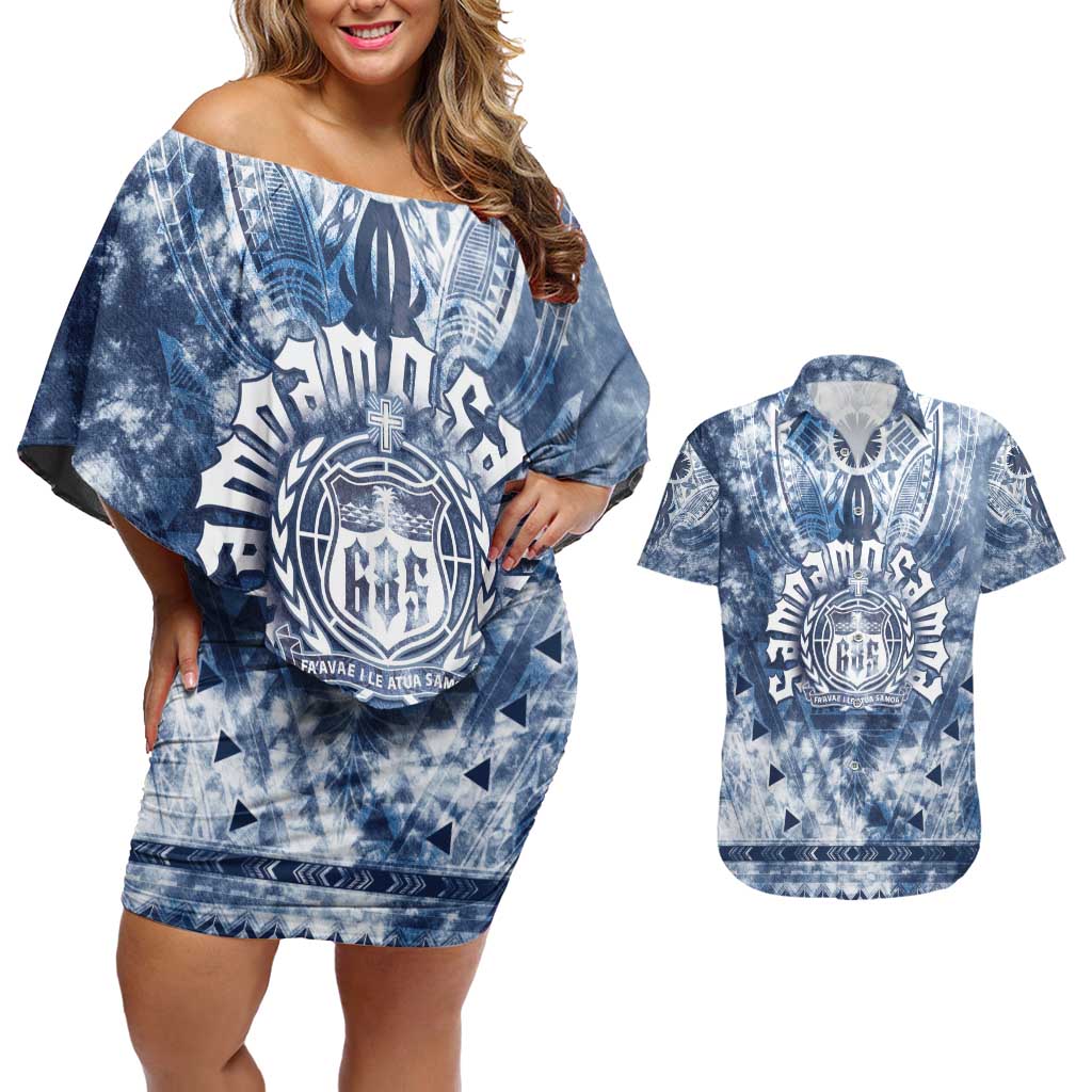 Samoa 685 Couples Matching Off Shoulder Short Dress and Hawaiian Shirt Polynesian Pattern Tie Dye Style LT05 Blue - Polynesian Pride