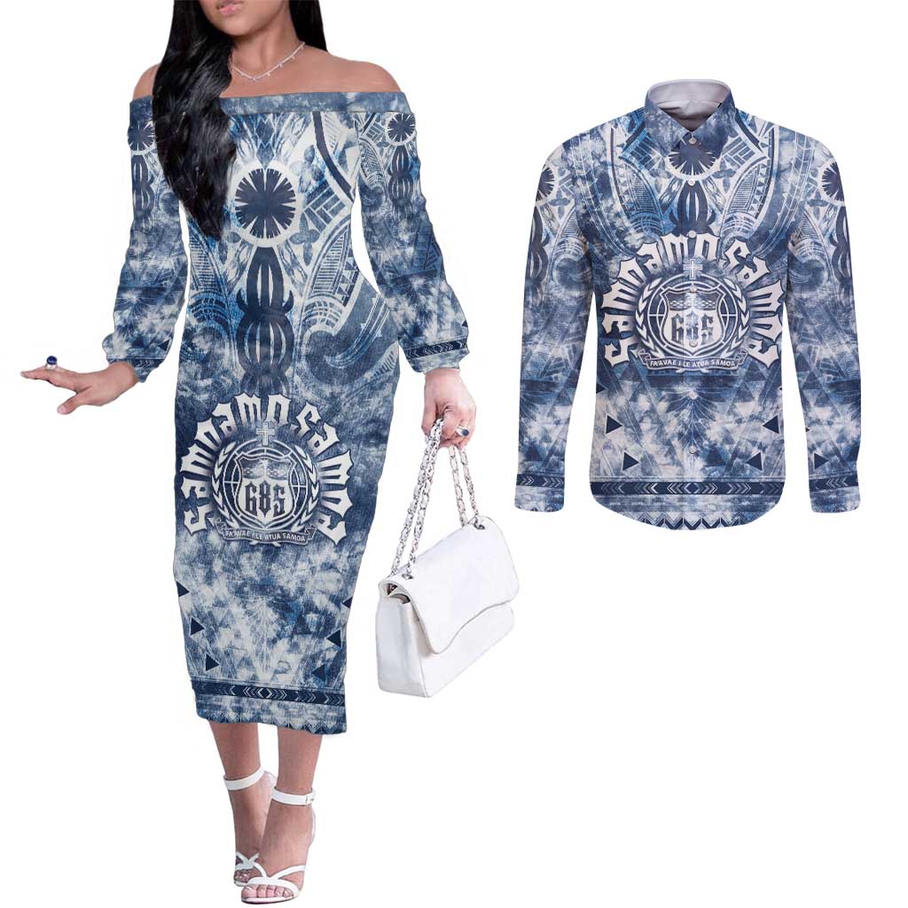 Samoa 685 Couples Matching Off The Shoulder Long Sleeve Dress and Long Sleeve Button Shirt Polynesian Pattern Tie Dye Style LT05 Blue - Polynesian Pride