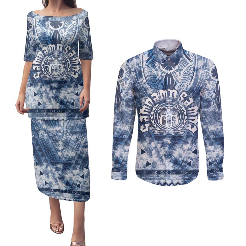 Samoa 685 Couples Matching Puletasi and Long Sleeve Button Shirt Polynesian Pattern Tie Dye Style LT05 Blue - Polynesian Pride