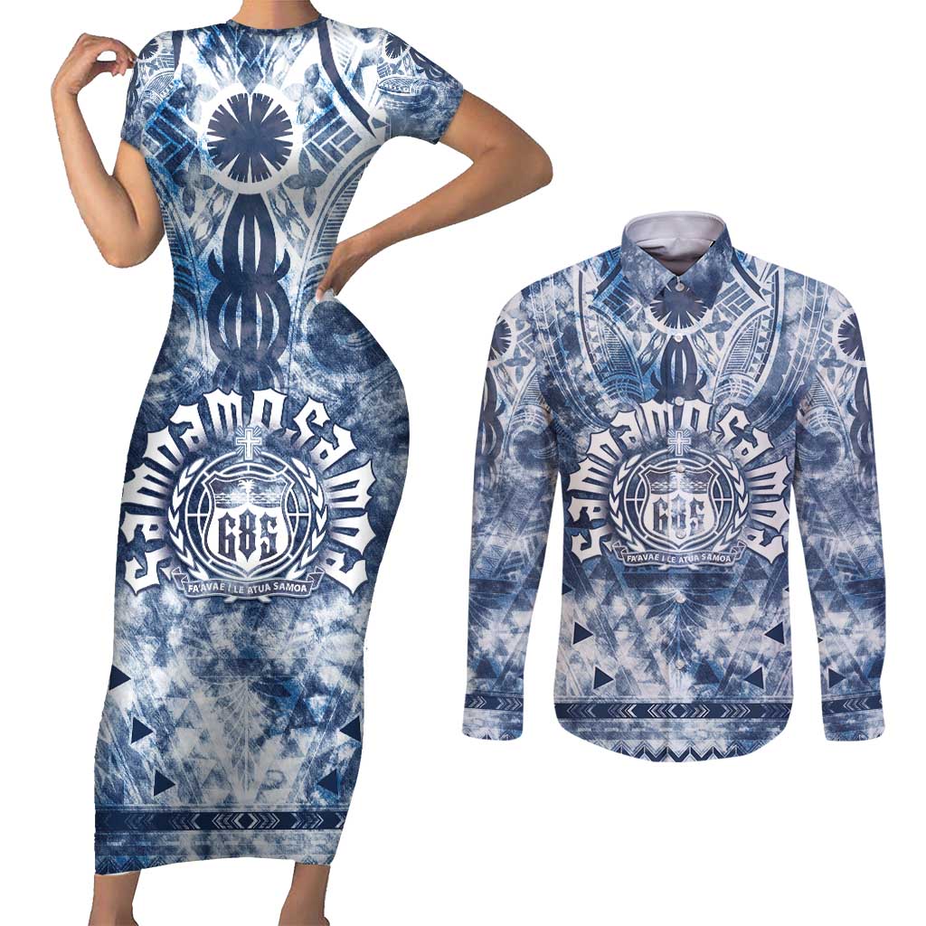 Samoa 685 Couples Matching Short Sleeve Bodycon Dress and Long Sleeve Button Shirt Polynesian Pattern Tie Dye Style LT05 Blue - Polynesian Pride